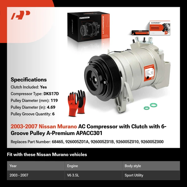 2003-2007 Nissan Murano AC Compressor with Clutch with 6-Groove Pulley A-Premium APACC301