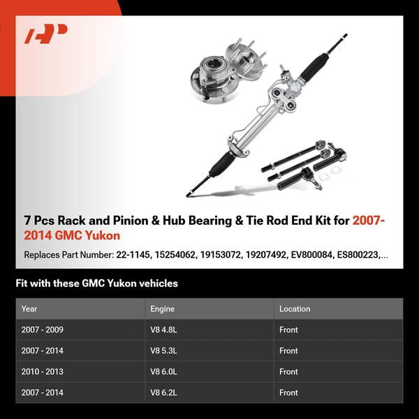 7 Pcs Rack and Pinion & Hub Bearing & Tie Rod End Kit for 2007-2014 GMC Yukon