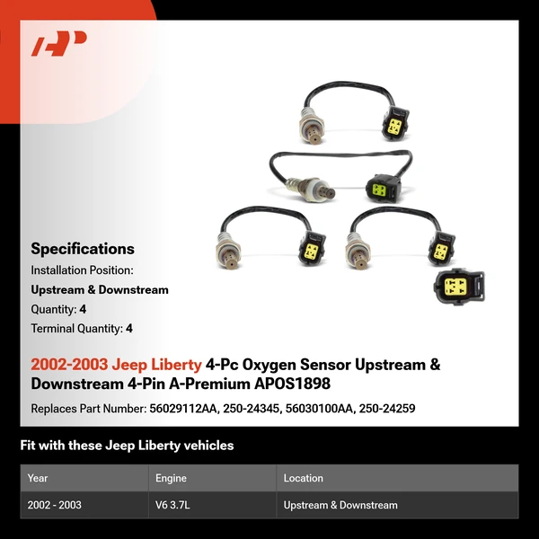 2002-2003 Jeep Liberty 4-Pc Oxygen Sensor Upstream & Downstream 4-Pin A-Premium APOS1898