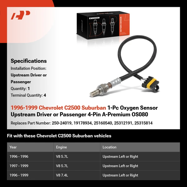1996-1999 Chevrolet C2500 Suburban 1-Pc Oxygen Sensor Upstream Driver or Passenger 4-Pin A-Premium OS080