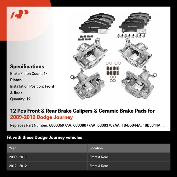 12 Pcs Front & Rear Brake Calipers & Ceramic Brake Pads for 2009-2012 Dodge Journey