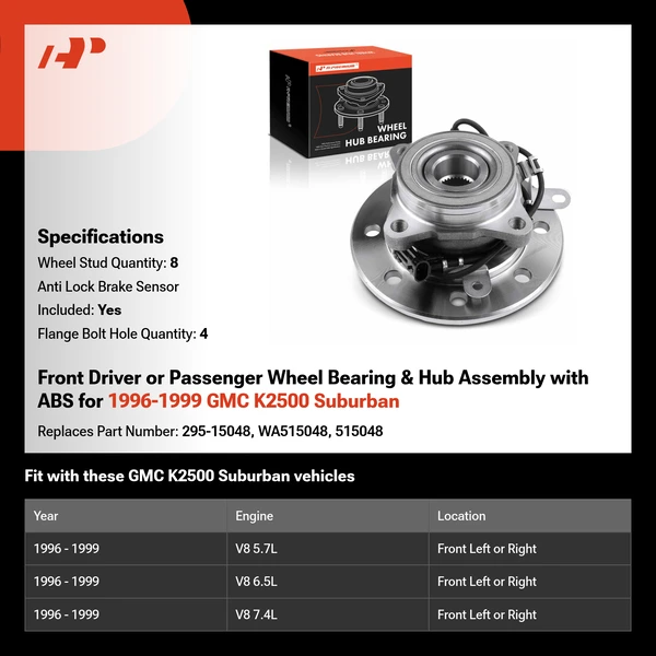 Front Driver or Passenger Wheel Bearing & Hub Assembly with ABS for 1996-1999 GMC K2500 Suburban