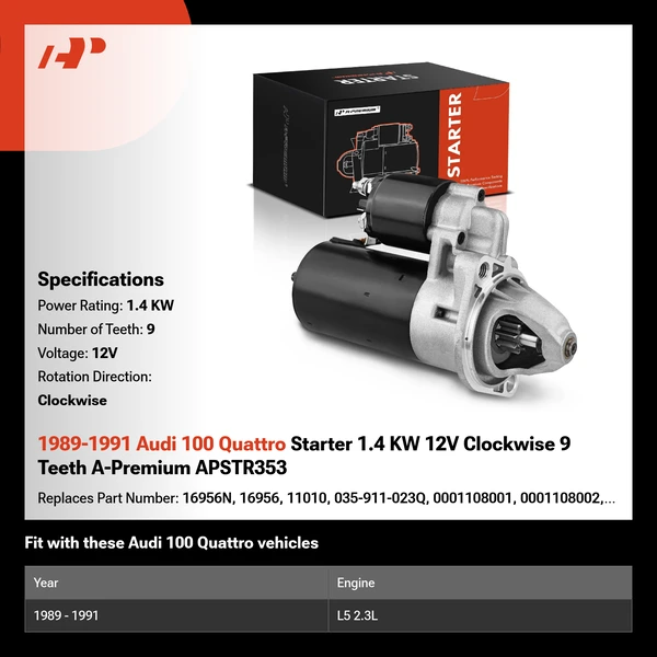 1989-1991 Audi 100 Quattro Starter 1.4 KW 12V Clockwise 9 Teeth A-Premium APSTR353