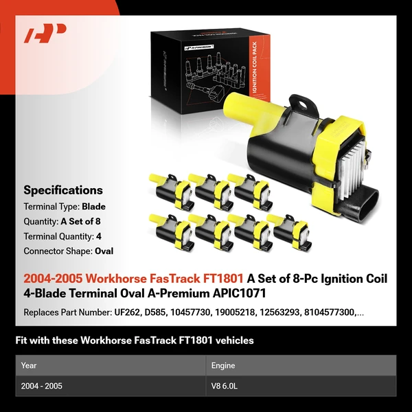 2004-2005 Workhorse FasTrack FT1801 A Set of 8-Pc Ignition Coil 4-Blade Terminal Oval A-Premium APIC1071