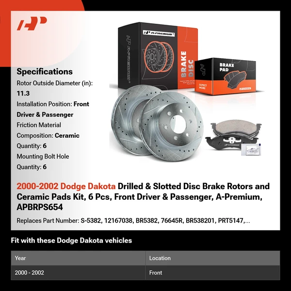 2000-2002 Dodge Dakota Drilled & Slotted Disc Brake Rotors and Ceramic Pads Kit, 6 Pcs, Front Driver & Passenger, A-Premium, APBRPS654