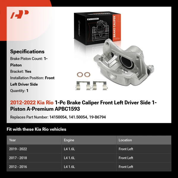 2012-2022 Kia Rio 1-Pc Brake Caliper Front Left Driver Side 1-Piston A-Premium APBC1593