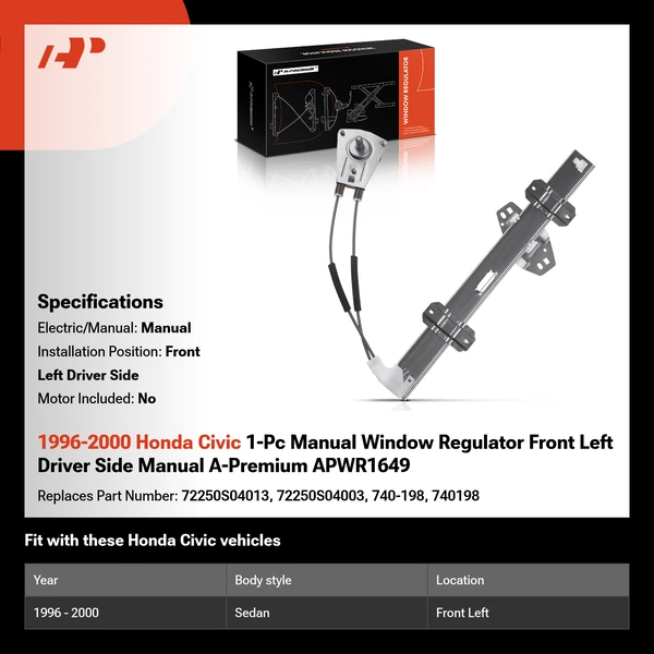 1996-2000 Honda Civic 1-Pc Manual Window Regulator Front Left Driver Side Manual A-Premium APWR1649