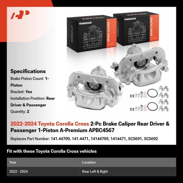 2022-2024 Toyota Corolla Cross 2-Pc Brake Caliper Rear Driver & Passenger 1-Piston A-Premium APBC4567