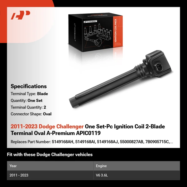 2011-2023 Dodge Challenger One Set-Pc Ignition Coil 2-Blade Terminal Oval A-Premium APIC0119