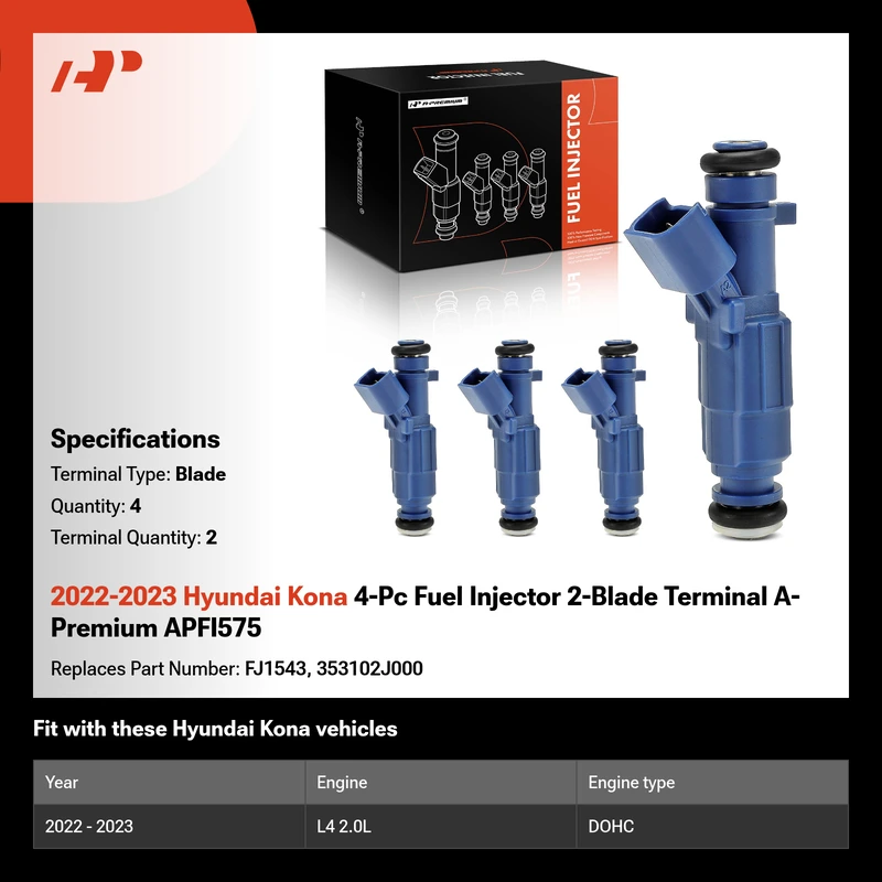 2022-2023 Hyundai Kona 4-Pc Fuel Injector 2-Blade Terminal A-Premium APFI575