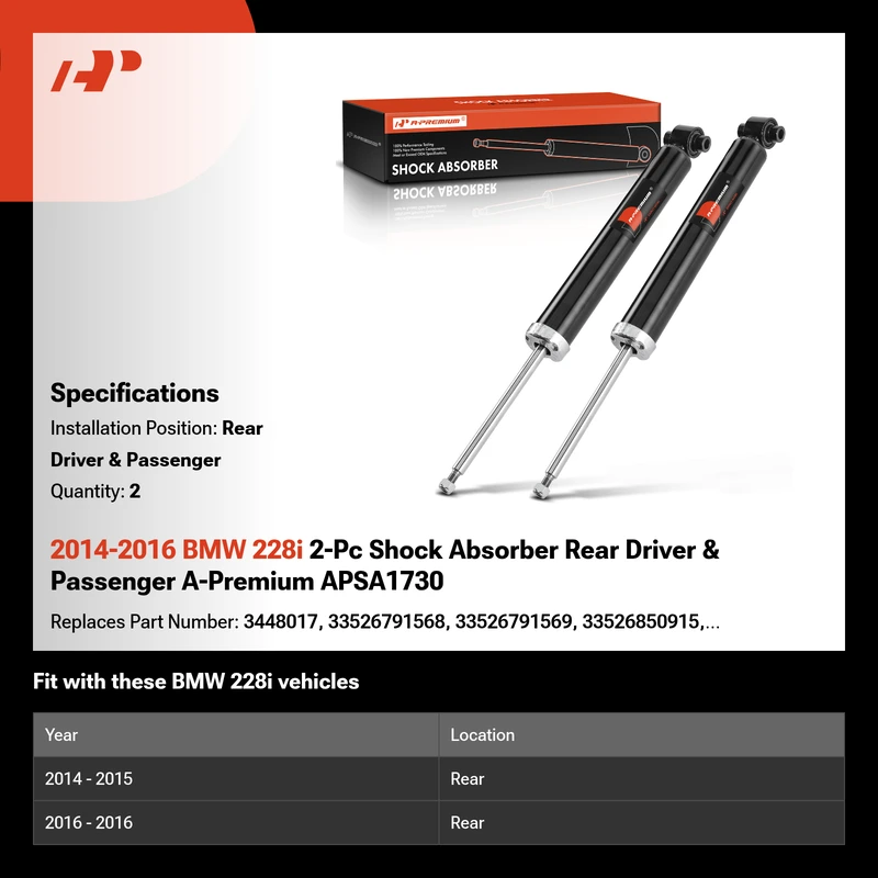 2014-2016 BMW 228i 2-Pc Shock Absorber Rear Driver & Passenger A-Premium APSA1730