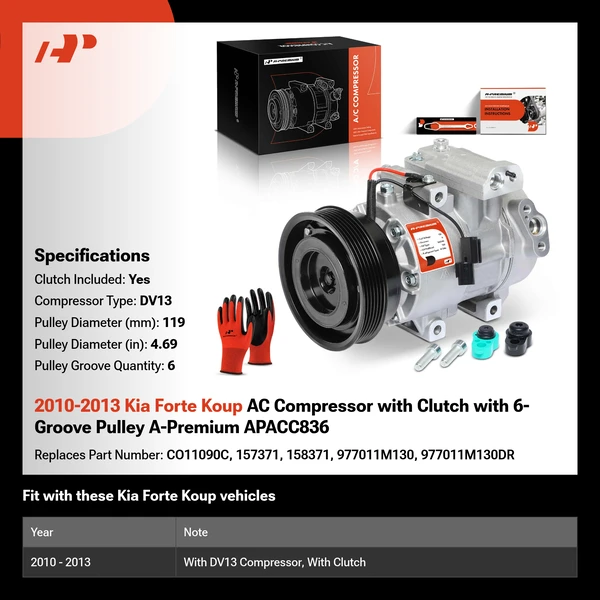 2010-2013 Kia Forte Koup AC Compressor with Clutch with 6-Groove Pulley A-Premium APACC836