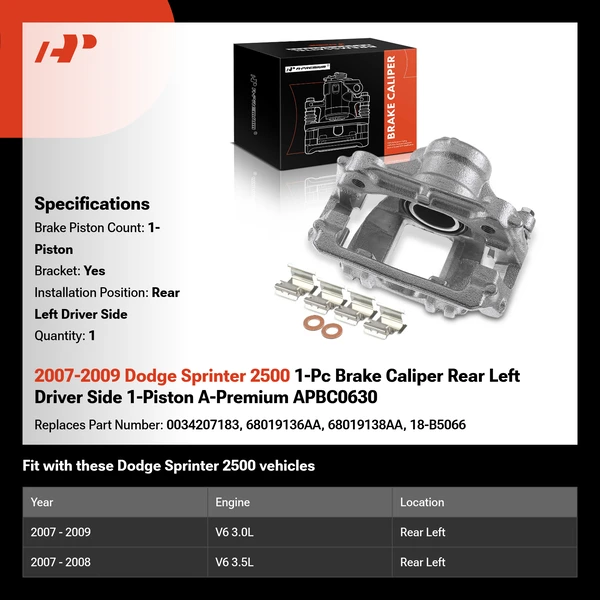 2007-2009 Dodge Sprinter 2500 1-Pc Brake Caliper Rear Left Driver Side 1-Piston A-Premium APBC0630