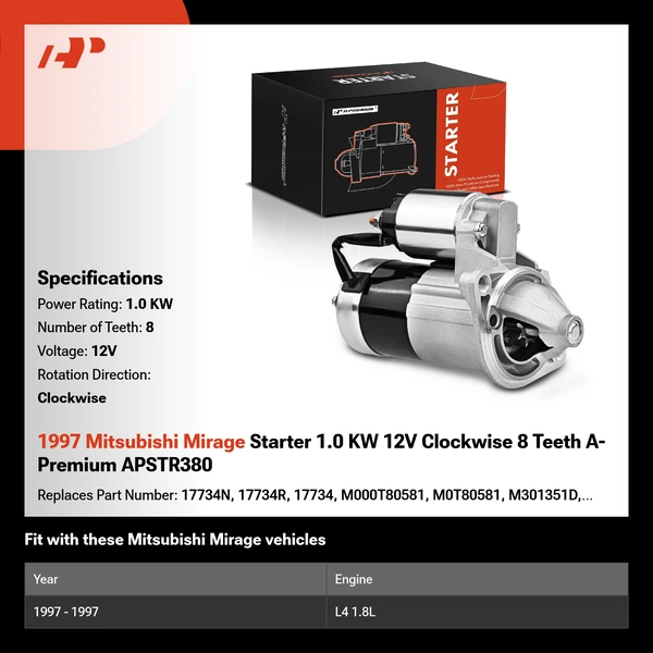 1997 Mitsubishi Mirage Starter 1.0 KW 12V Clockwise 8 Teeth A-Premium APSTR380