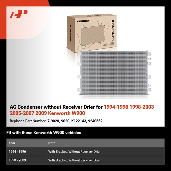 AC Condenser without Receiver Drier for 1994-1996 1998-2003 2005-2007 2009 Kenworth W900