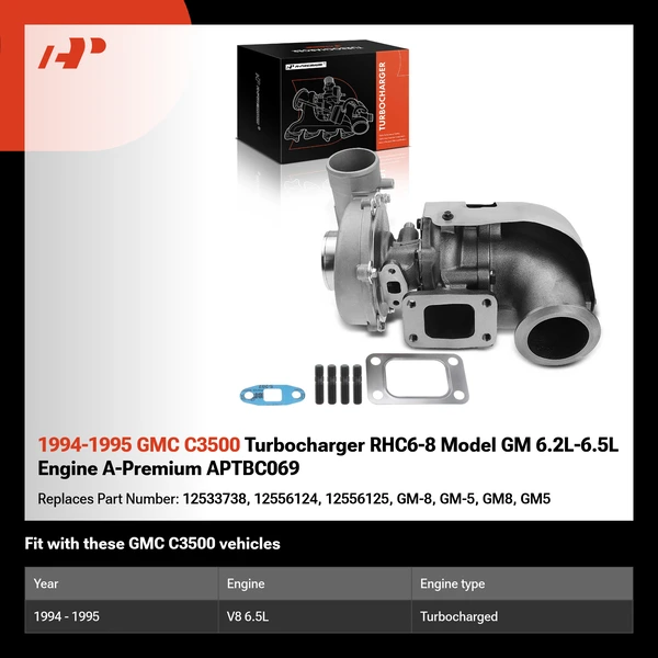 1994-1995 GMC C3500 Turbocharger RHC6-8 Model GM 6.2L-6.5L Engine A-Premium APTBC069