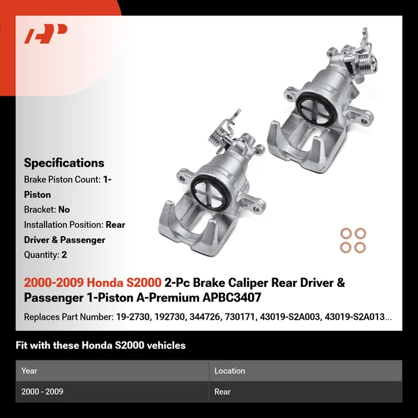 2000-2009 Honda S2000 2-Pc Brake Caliper Rear Driver & Passenger 1-Piston A-Premium APBC3407