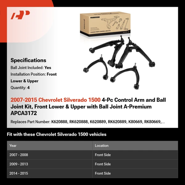 2007-2015 Chevrolet Silverado 1500 4-Pc Control Arm and Ball Joint Kit, Front Lower & Upper with Ball Joint A-Premium APCA3172