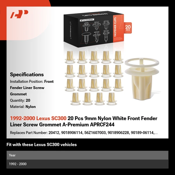 1992-2000 Lexus SC300 20 Pcs 9mm Nylon White Front Fender Liner Screw Grommet A-Premium APRCF244