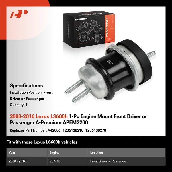 2008-2016 Lexus LS600h 1-Pc Engine Mount Front Driver or Passenger A-Premium APEM2200