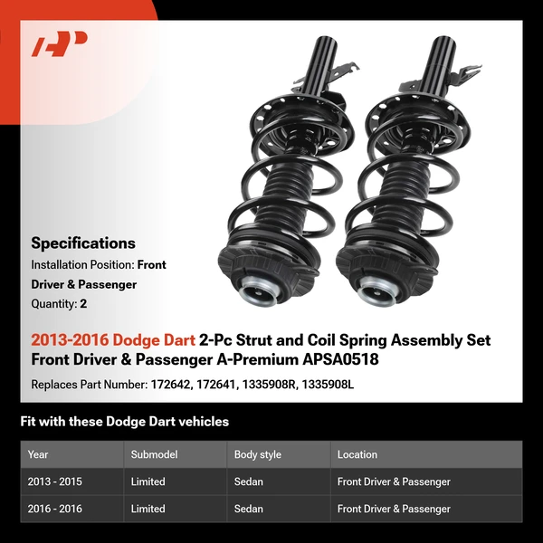 2013-2016 Dodge Dart 2-Pc Strut and Coil Spring Assembly Set Front Driver & Passenger A-Premium APSA0518