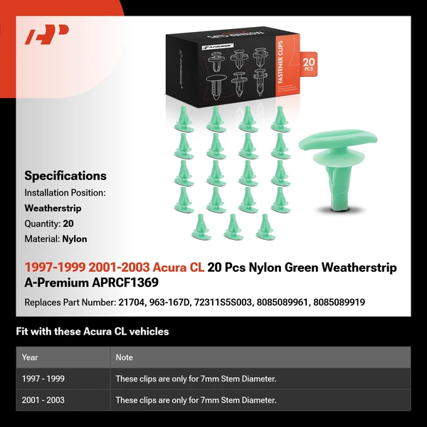 1997-1999 2001-2003 Acura CL 20 Pcs Nylon Green Weatherstrip A-Premium APRCF1369