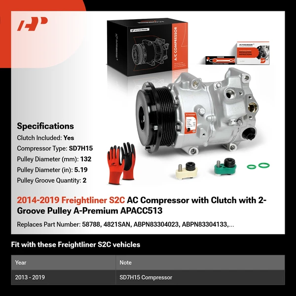 2014-2019 Freightliner S2C AC Compressor with Clutch with 2-Groove Pulley A-Premium APACC513