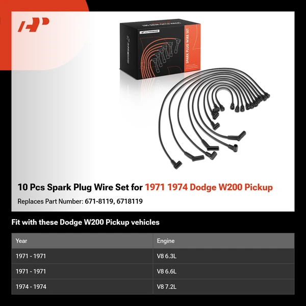 10 Pcs Spark Plug Wire Set for 1971 1974 Dodge W200 Pickup