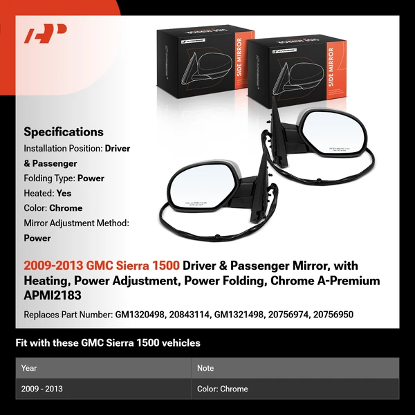 2009-2013 GMC Sierra 1500 Driver & Passenger Mirror, with Heating, Power Adjustment, Power Folding, Chrome A-Premium APMI2183