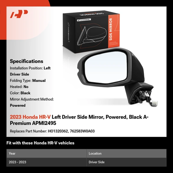 2023 Honda HR-V Left Driver Side Mirror, Powered, Black A-Premium APMI2495