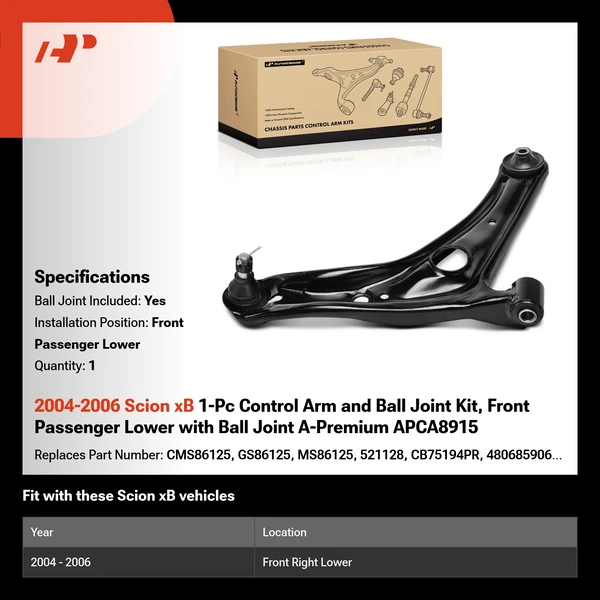 2004-2006 Scion xB 1-Pc Control Arm and Ball Joint Kit, Front Passenger Lower with Ball Joint A-Premium APCA8915