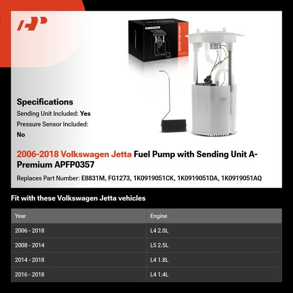 2006-2018 Volkswagen Jetta Fuel Pump with Sending Unit A-Premium APFP0357
