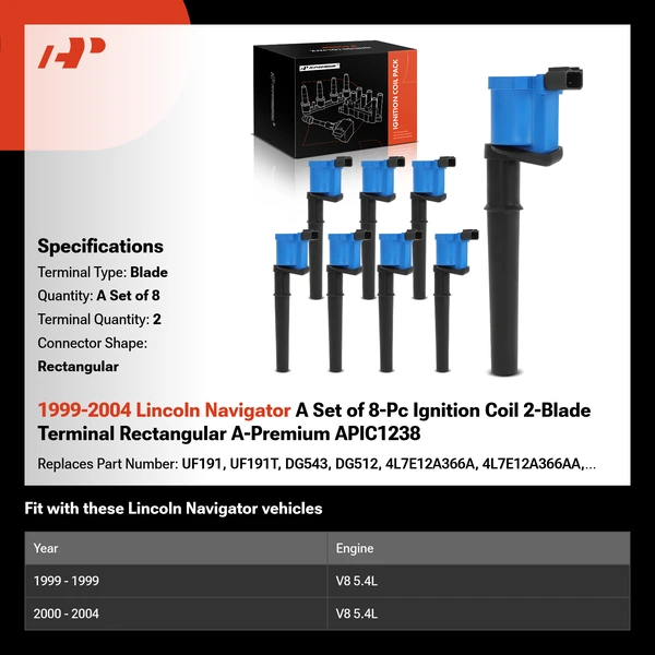 1999-2004 Lincoln Navigator A Set of 8-Pc Ignition Coil 2-Blade Terminal Rectangular A-Premium APIC1238