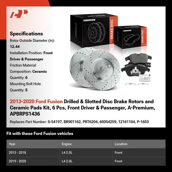 2013-2020 Ford Fusion Drilled & Slotted Disc Brake Rotors and Ceramic Pads Kit, 6 Pcs, Front Driver & Passenger, A-Premium, APBRPS1436