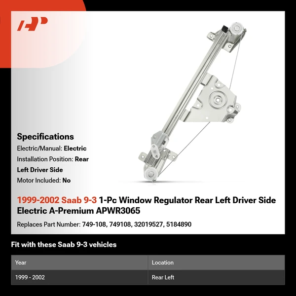 1999-2002 Saab 9-3 1-Pc Window Regulator Rear Left Driver Side Electric A-Premium APWR3065