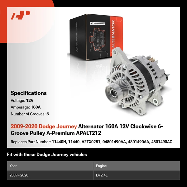 2009-2020 Dodge Journey Alternator 160A 12V Clockwise 6-Groove Pulley A-Premium APALT212