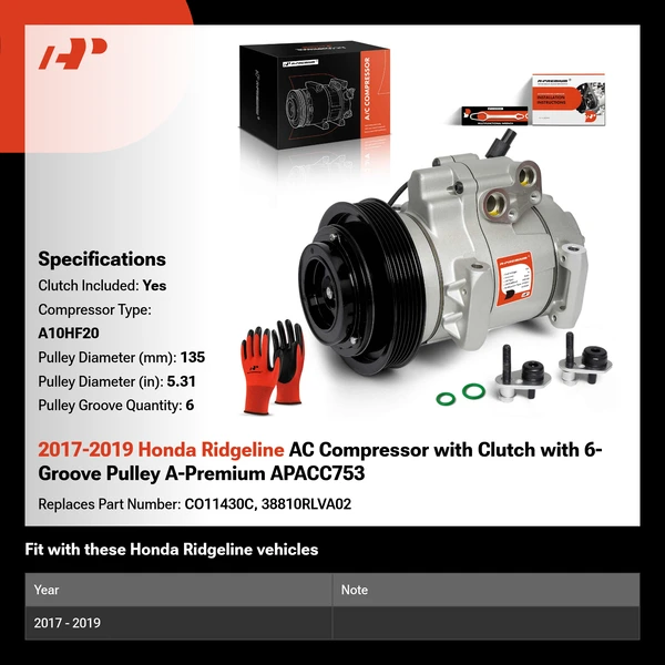 2017-2019 Honda Ridgeline AC Compressor with Clutch with 6-Groove Pulley A-Premium APACC753