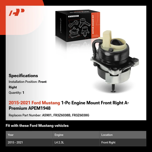 2015-2021 Ford Mustang 1-Pc Engine Mount Front Right A-Premium APEM1948
