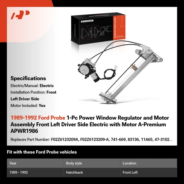 1989-1992 Ford Probe 1-Pc Power Window Regulator and Motor Assembly Front Left Driver Side Electric with Motor A-Premium APWR1986