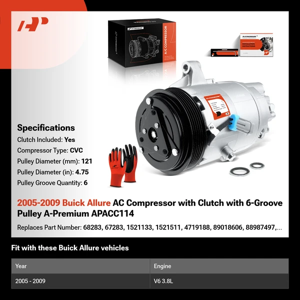 2005-2009 Buick Allure AC Compressor with Clutch with 6-Groove Pulley A-Premium APACC114