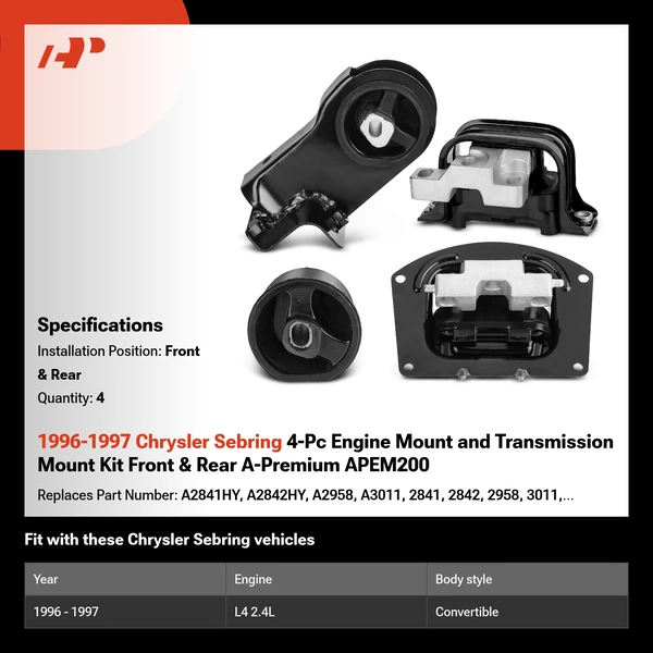 1996-1997 Chrysler Sebring 4-Pc Engine Mount and Transmission Mount Kit Front & Rear A-Premium APEM200