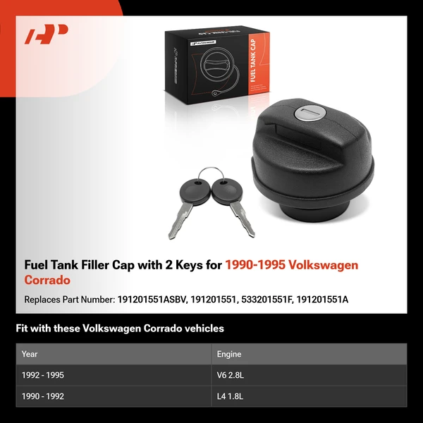 Fuel Tank Filler Cap with 2 Keys for 1990-1995 Volkswagen Corrado