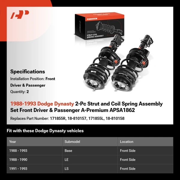 1988-1993 Dodge Dynasty 2-Pc Strut and Coil Spring Assembly Set Front Driver & Passenger A-Premium APSA1862