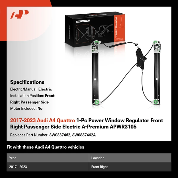 2017-2023 Audi A4 Quattro 1-Pc Power Window Regulator Front Right Passenger Side Electric A-Premium APWR3105