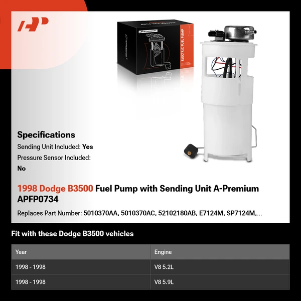 1998 Dodge B3500 Fuel Pump with Sending Unit A-Premium APFP0734