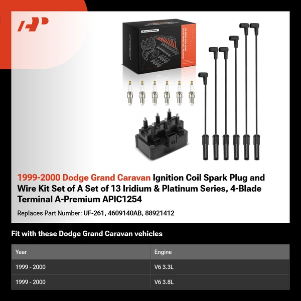 1999-2000 Dodge Grand Caravan Ignition Coil Spark Plug and Wire Kit Set of A Set of 13 Iridium & Platinum Series, 4-Blade Terminal A-Premium APIC1254