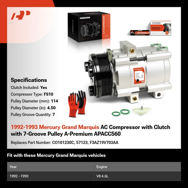1992-1993 Mercury Grand Marquis AC Compressor with Clutch with 7-Groove Pulley A-Premium APACC560