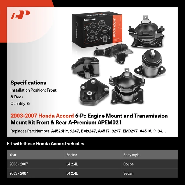 2003-2007 Honda Accord 6-Pc Engine Mount and Transmission Mount Kit Front & Rear A-Premium APEM021
