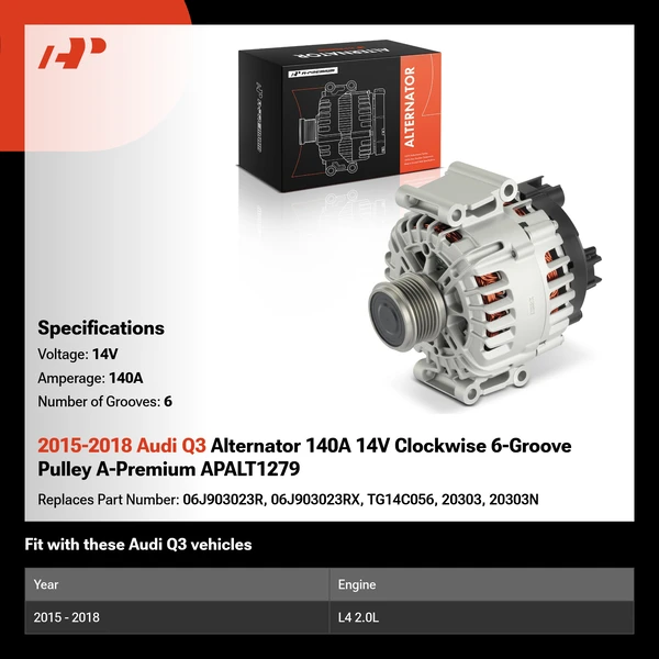 2015-2018 Audi Q3 Alternator 140A 14V Clockwise 6-Groove Pulley A-Premium APALT1279