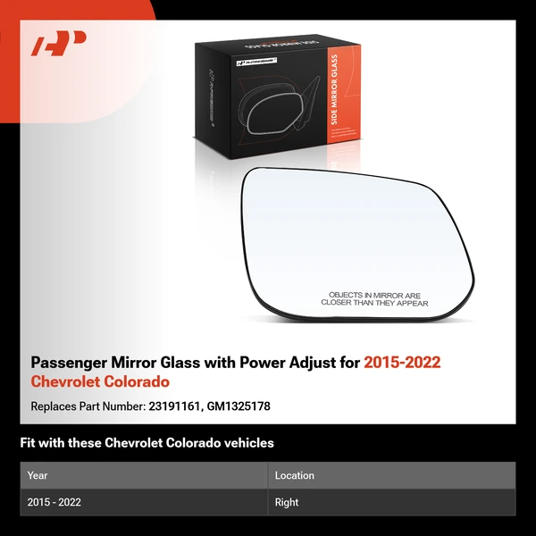 Passenger Mirror Glass with Power Adjust for 2015-2022 Chevrolet Colorado